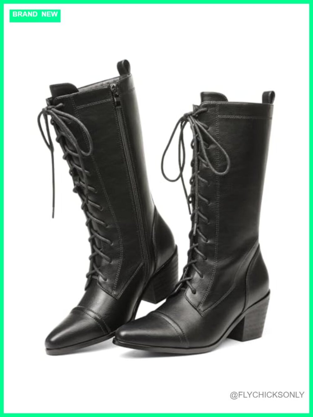 Women's Mid Calf Lace Up Combat Boots Chunky Heel Pointed Toe Microfiber